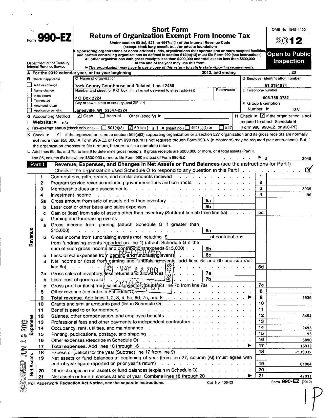 Image of first page of 2012 Form 990EO for American Federation of State County & Municipal Employees - L2489wi Rock County Wis Empl