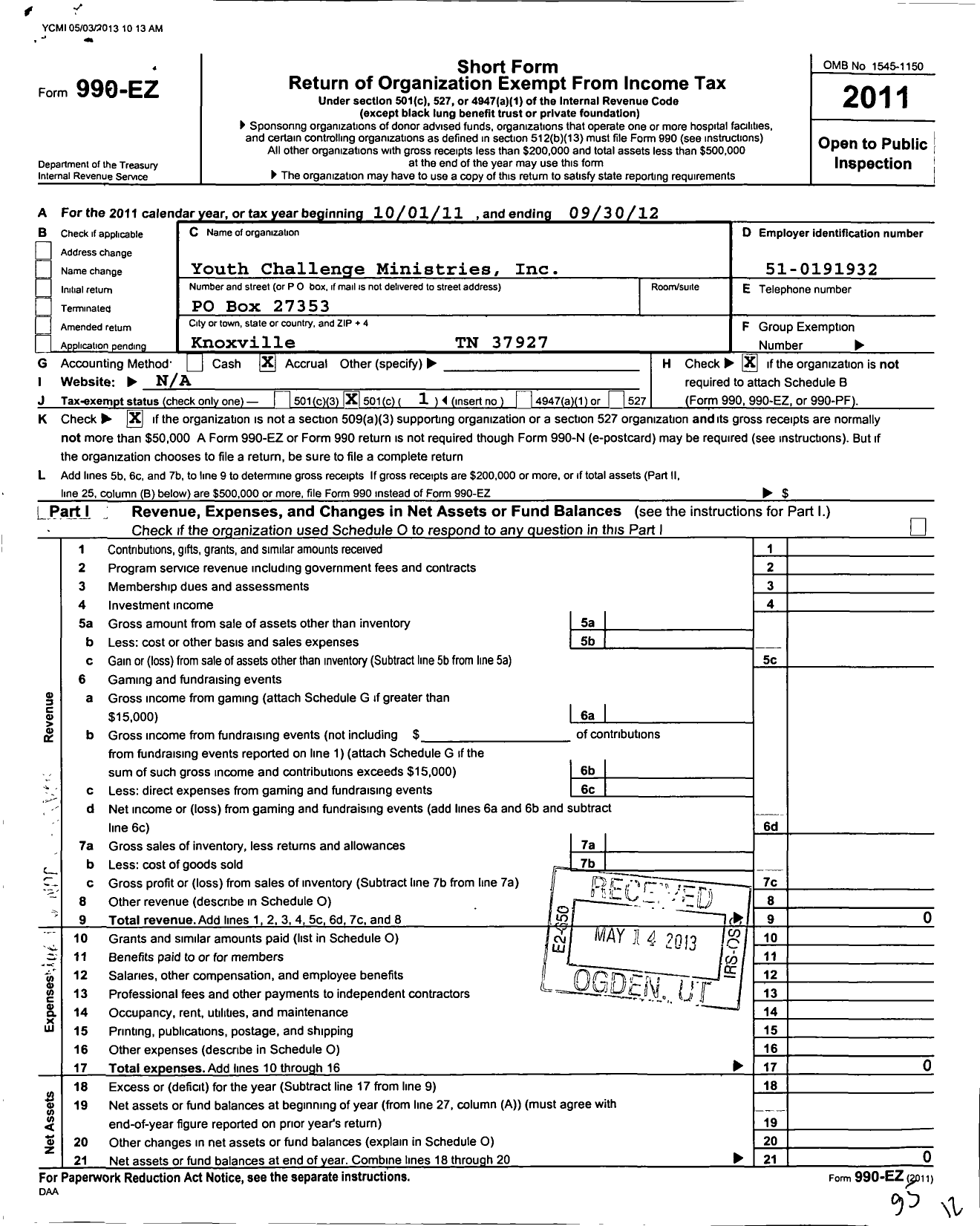 Image of first page of 2011 Form 990EO for Youth Challenge Ministries