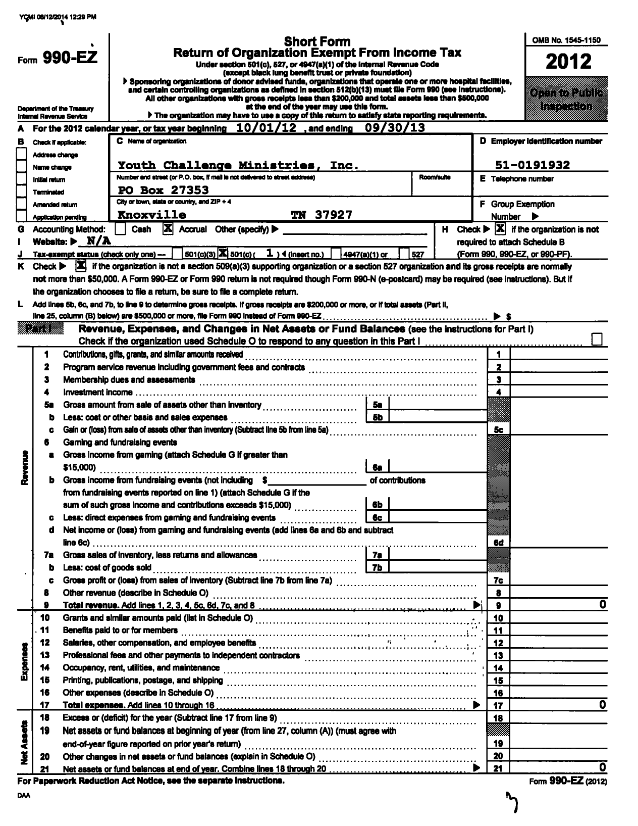 Image of first page of 2012 Form 990EO for Youth Challenge Ministries