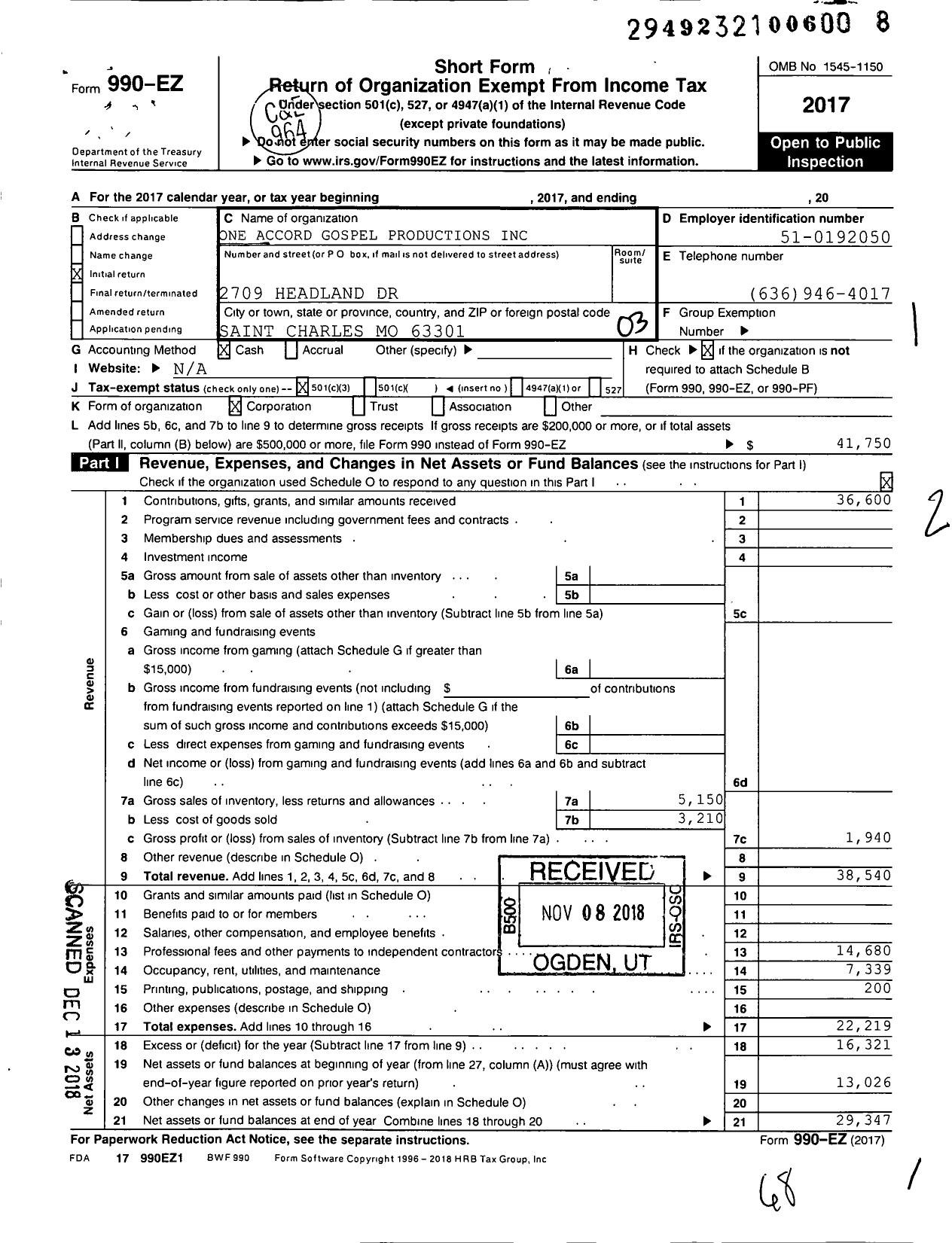 Image of first page of 2017 Form 990EZ for One Accord Gospel Productions