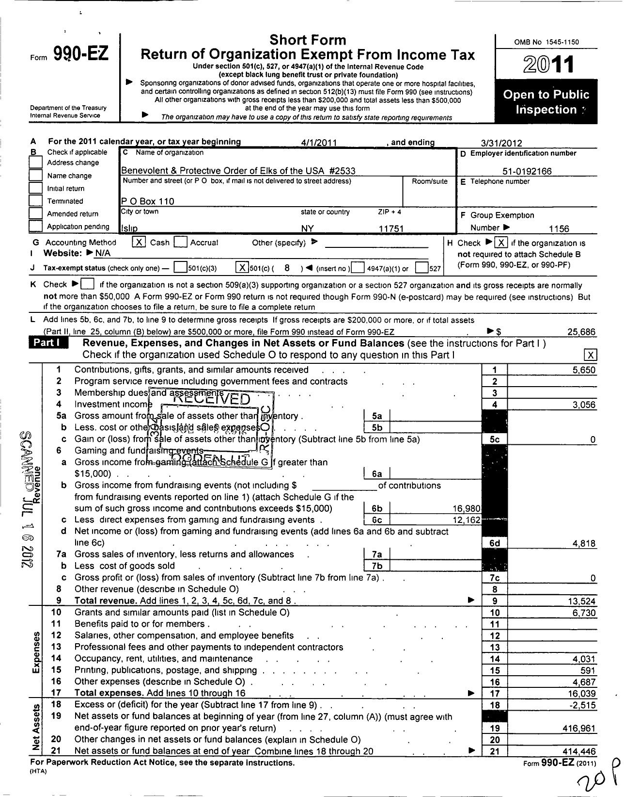 Image of first page of 2011 Form 990EO for Benevolent and Protective Order of Elks - 2533 Islip