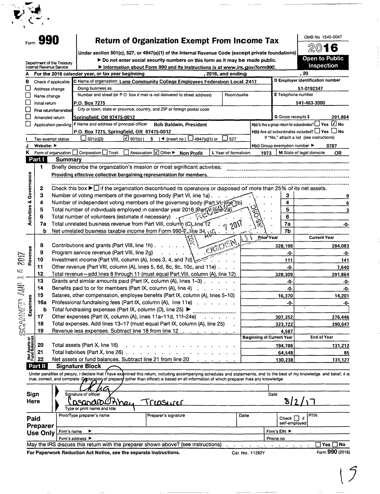 Image of first page of 2016 Form 990O for American Federation of Teachers - 2417 Lane CC Employees Fed