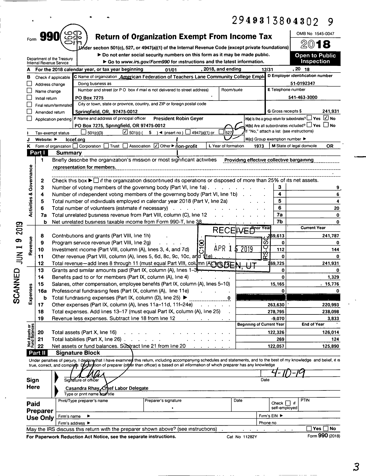 Image of first page of 2018 Form 990O for American Federation of Teachers - 2417 Lane CC Employees Fed