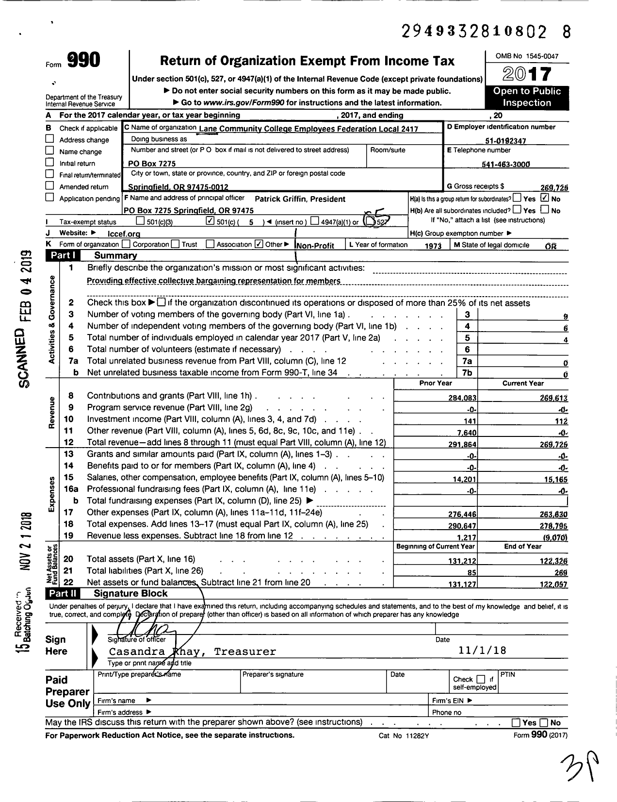 Image of first page of 2017 Form 990O for American Federation of Teachers - 2417 Lane CC Employees Fed