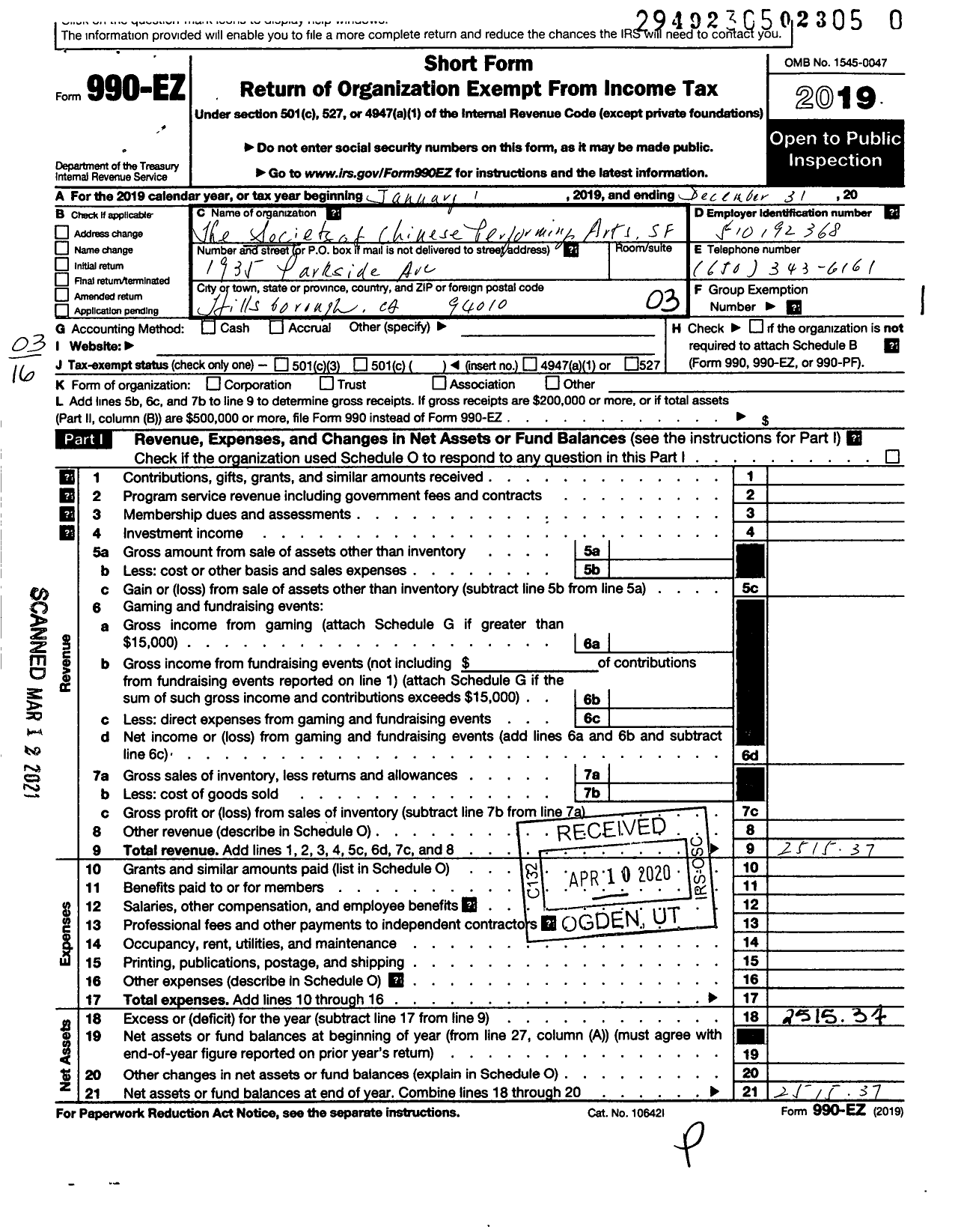 Image of first page of 2019 Form 990EZ for Society of Chinese Performing Arts SF