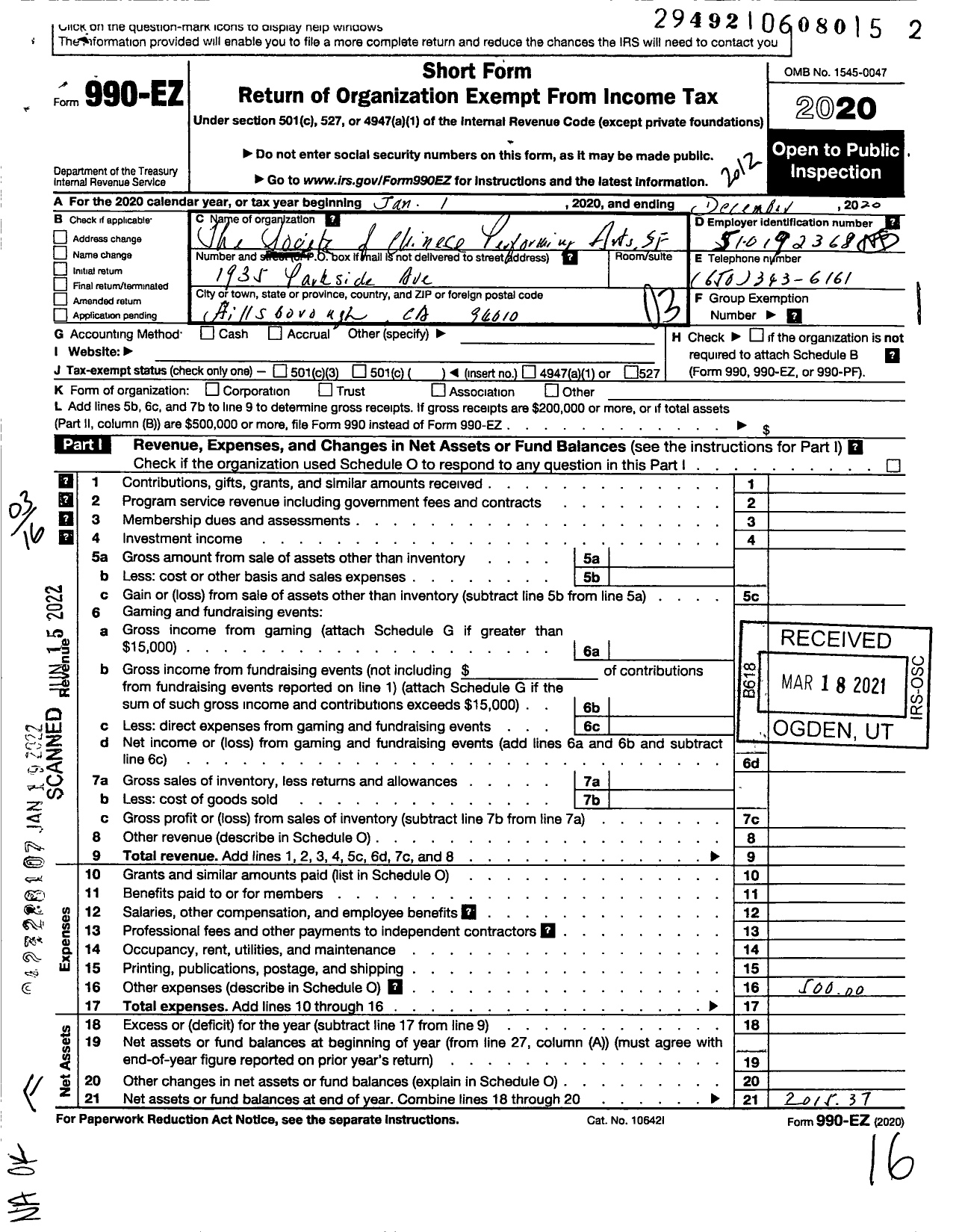 Image of first page of 2020 Form 990EZ for Society of Chinese Performing Arts SF