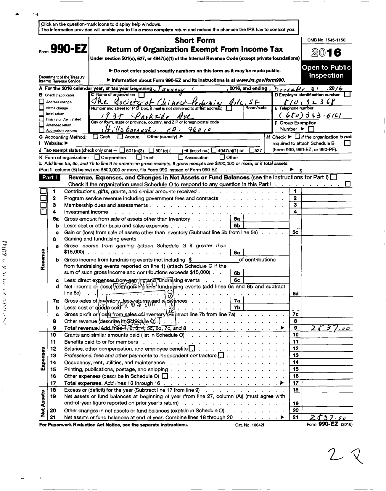 Image of first page of 2016 Form 990EO for Society of Chinese Performing Arts SF