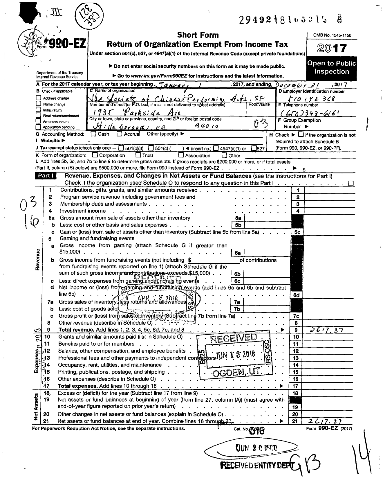 Image of first page of 2017 Form 990EZ for Society of Chinese Performing Arts SF