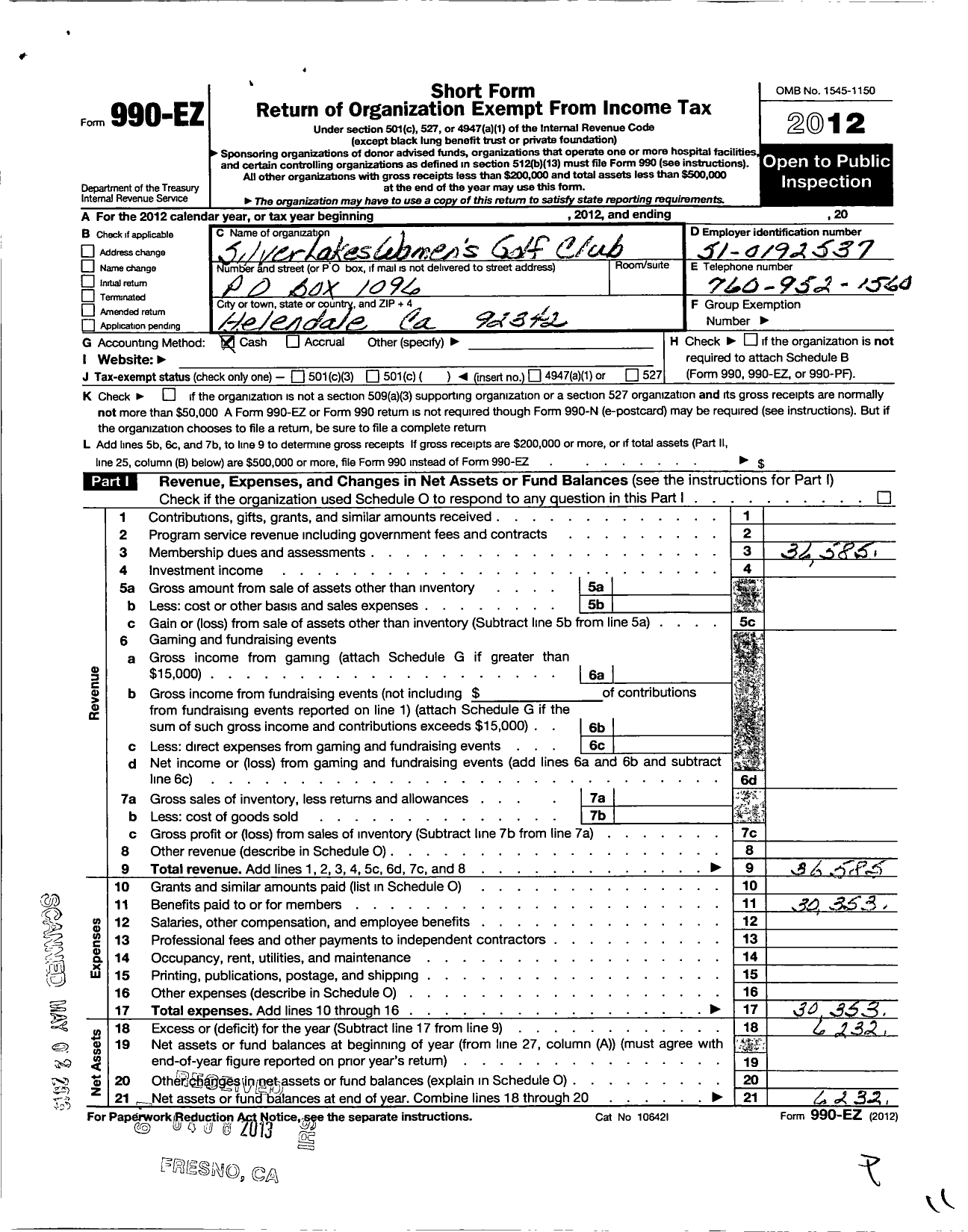 Image of first page of 2012 Form 990EO for Silver Lakes Womens Golf Club