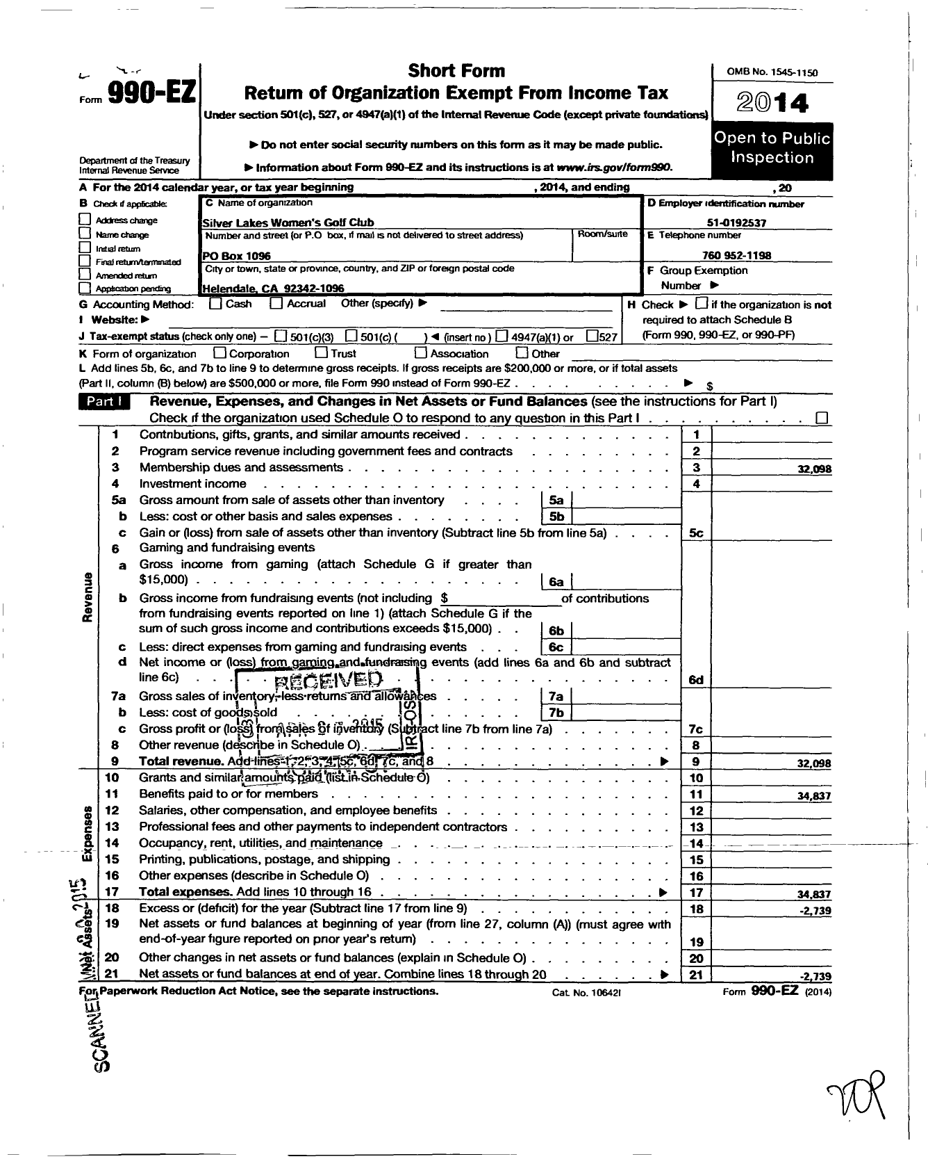 Image of first page of 2014 Form 990EO for Silver Lakes Womens Golf Club