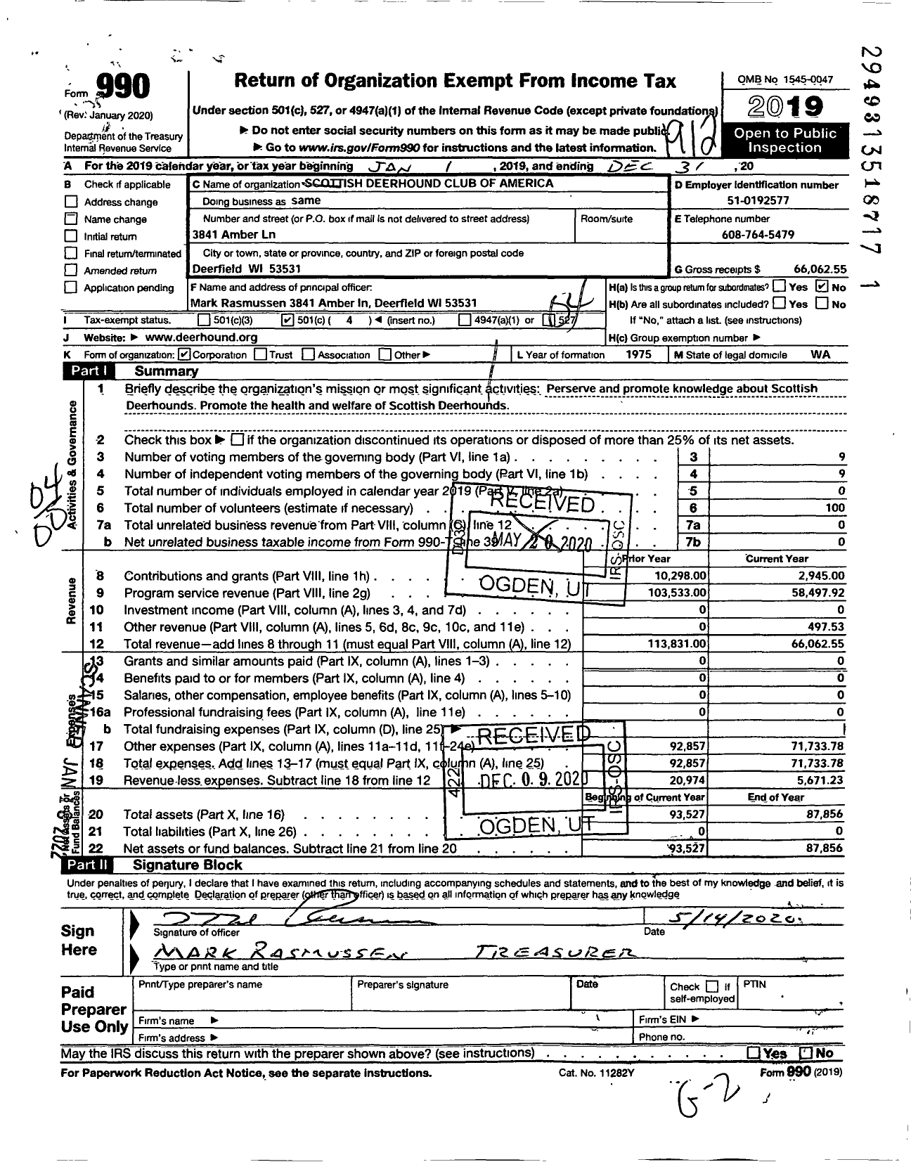 Image of first page of 2019 Form 990O for Scottish Deerhound Club of America