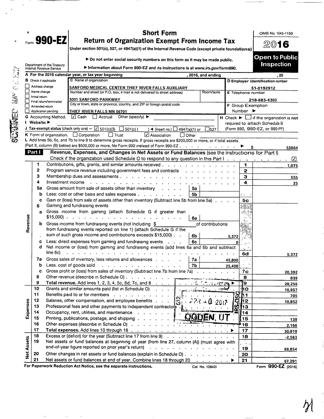 Image of first page of 2016 Form 990EZ for Sanford Medical Center Thief River Falls Auxiliary