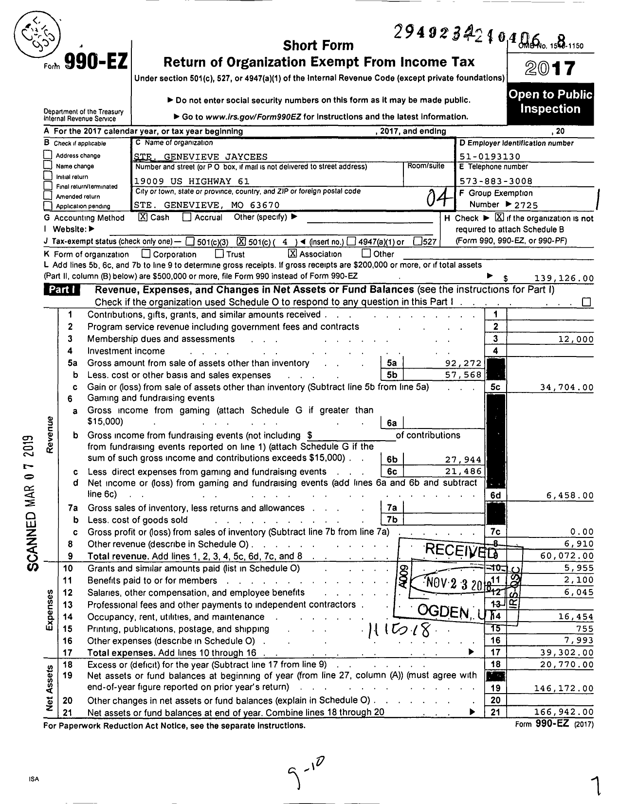 Image of first page of 2017 Form 990EO for Missouri Jaycees - 187 Ste Genevieve