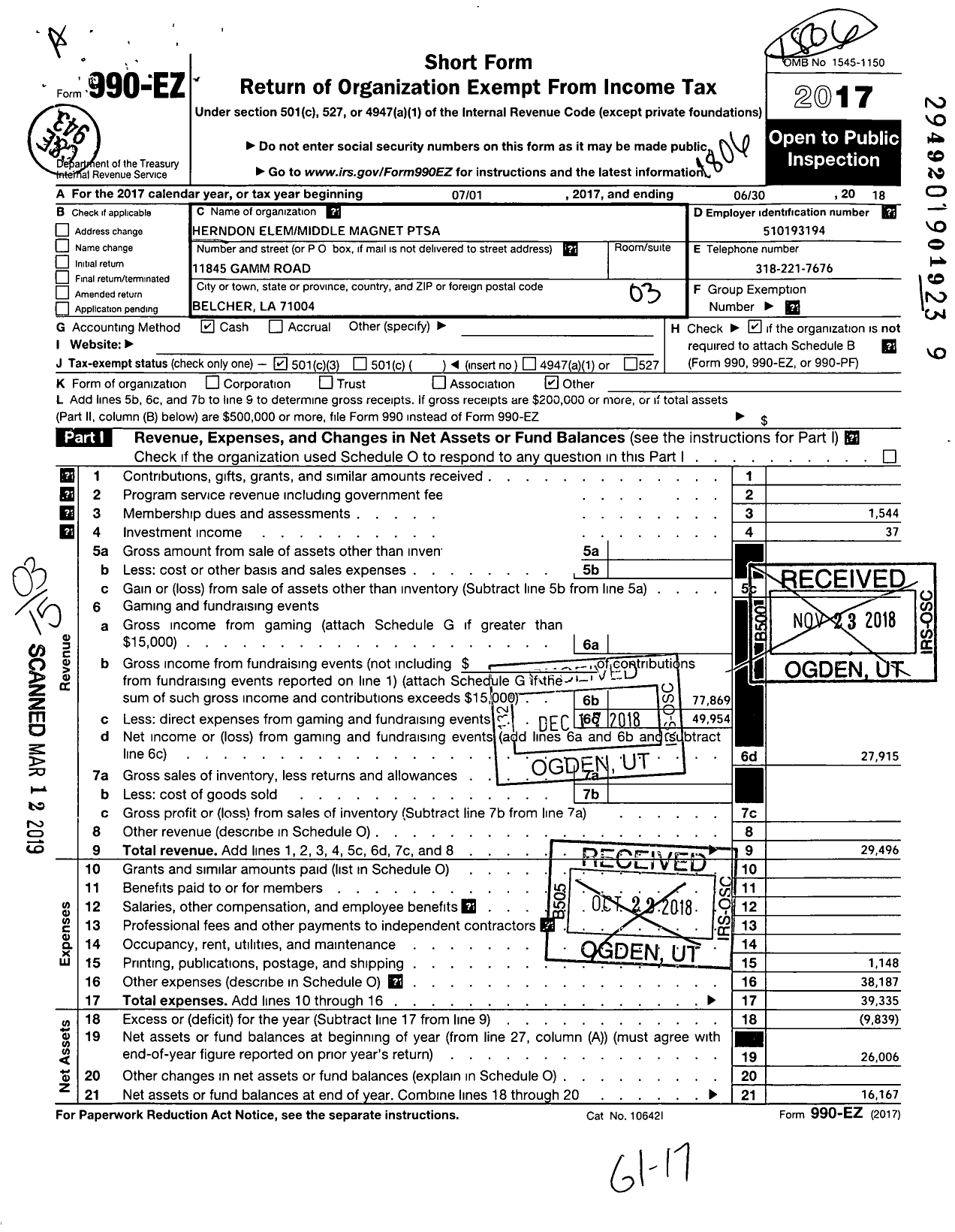 Image of first page of 2017 Form 990EZ for Herndon Magnet School PTSA