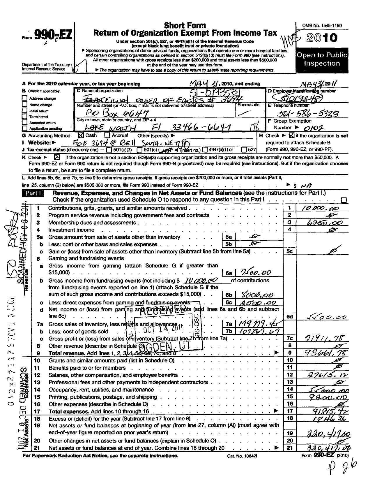 Image of first page of 2010 Form 990EO for Fraternal Order of Eagles - 3694 Aux