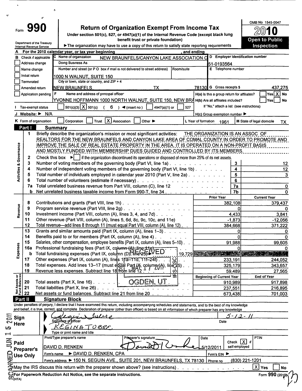 Image of first page of 2010 Form 990O for New Braunfels-Canyon Lake