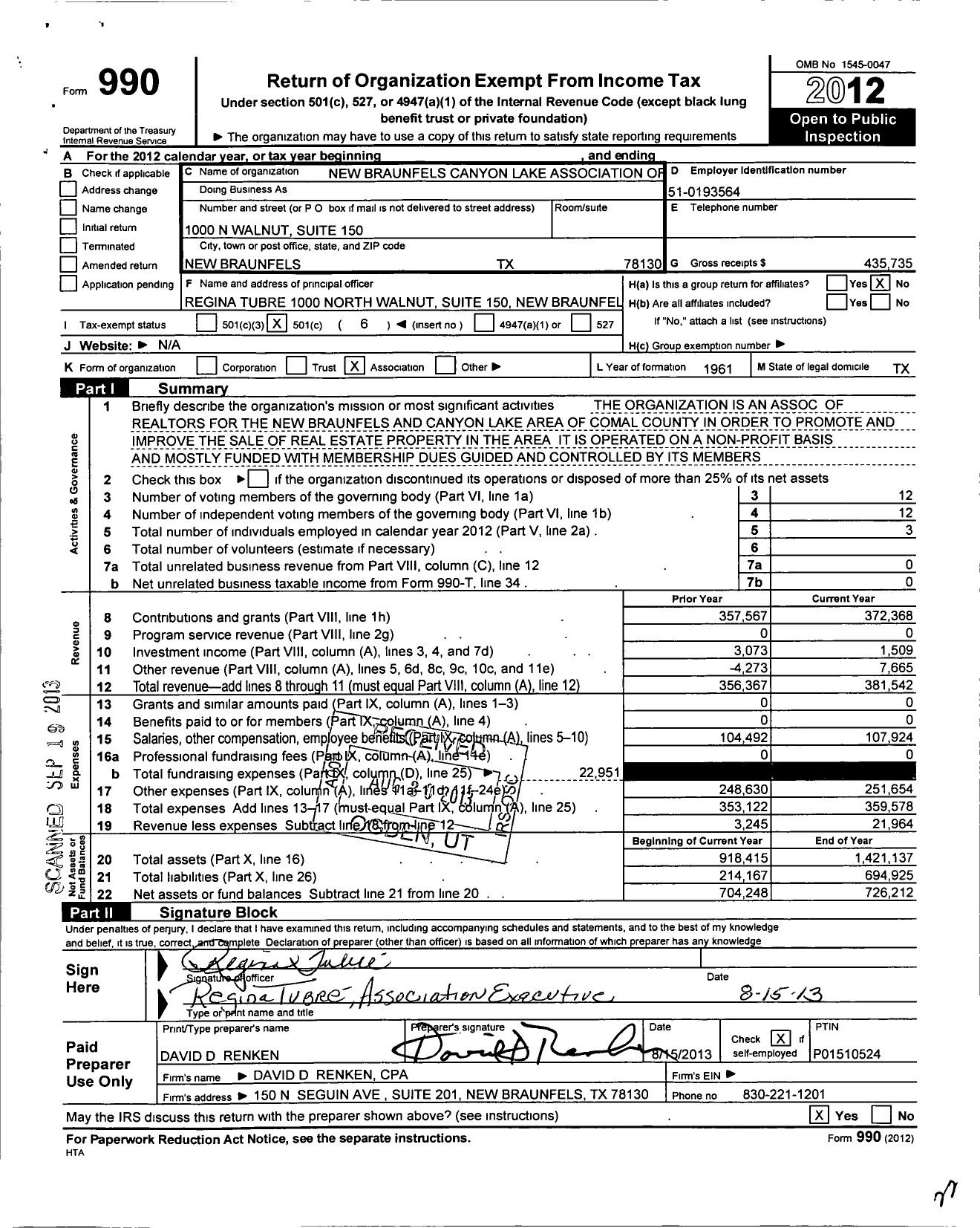 Image of first page of 2012 Form 990O for New Braunfels-Canyon Lake