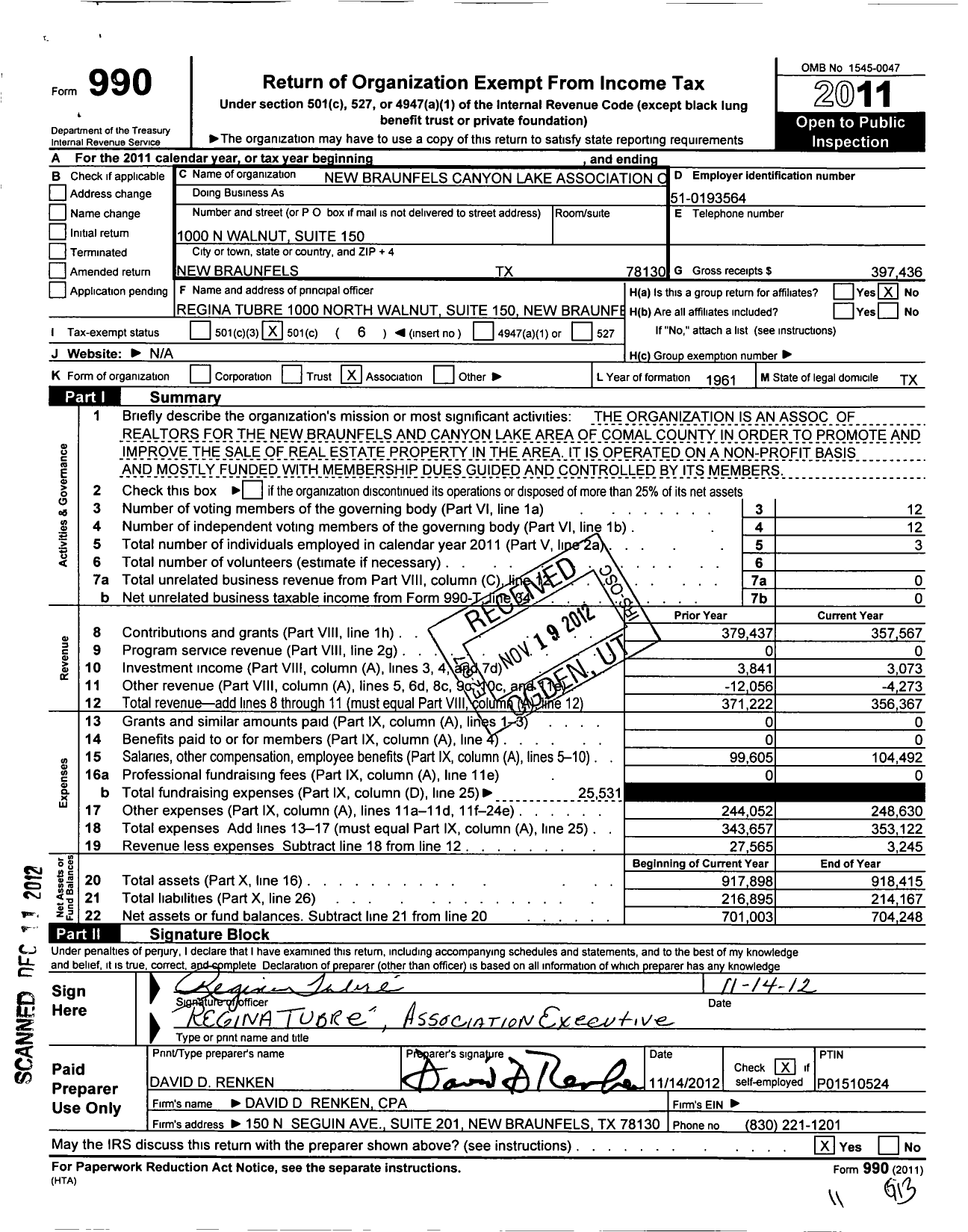 Image of first page of 2011 Form 990O for New Braunfels-Canyon Lake