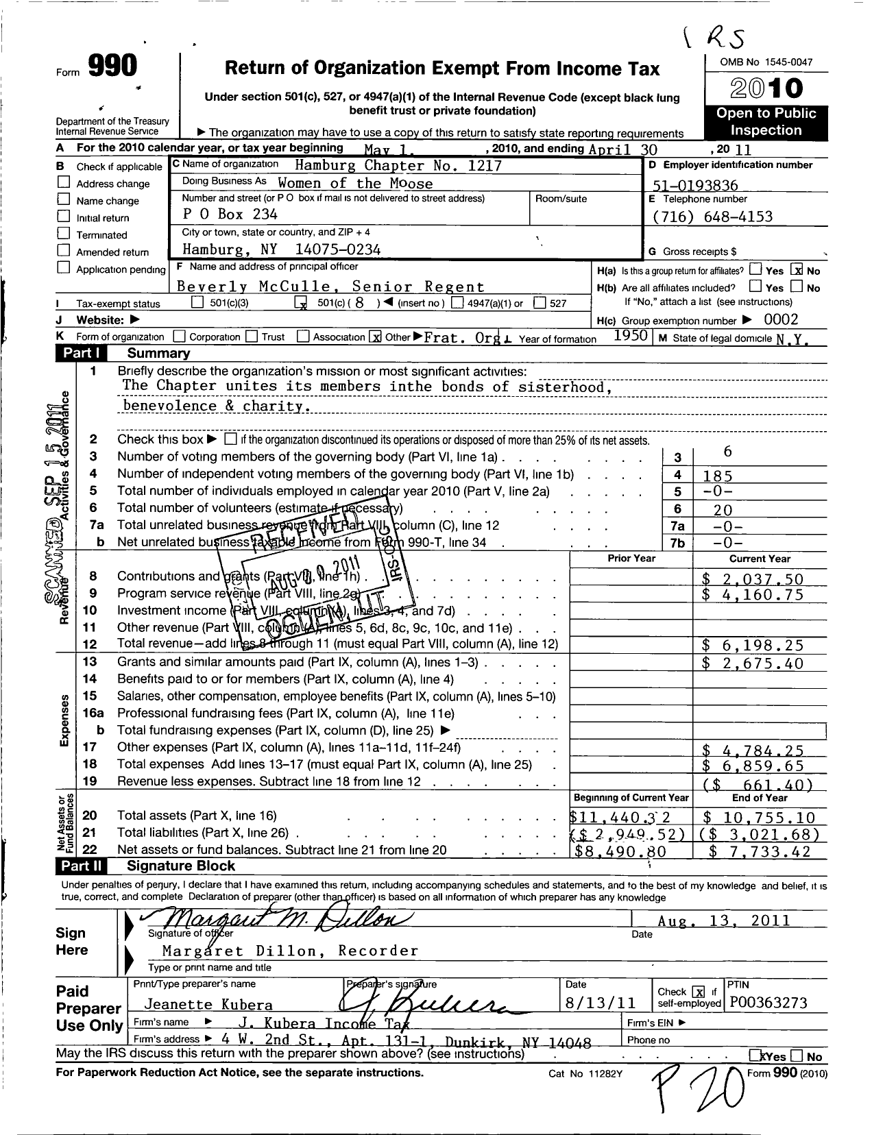 Image of first page of 2010 Form 990O for Loyal Order of Moose - 1217