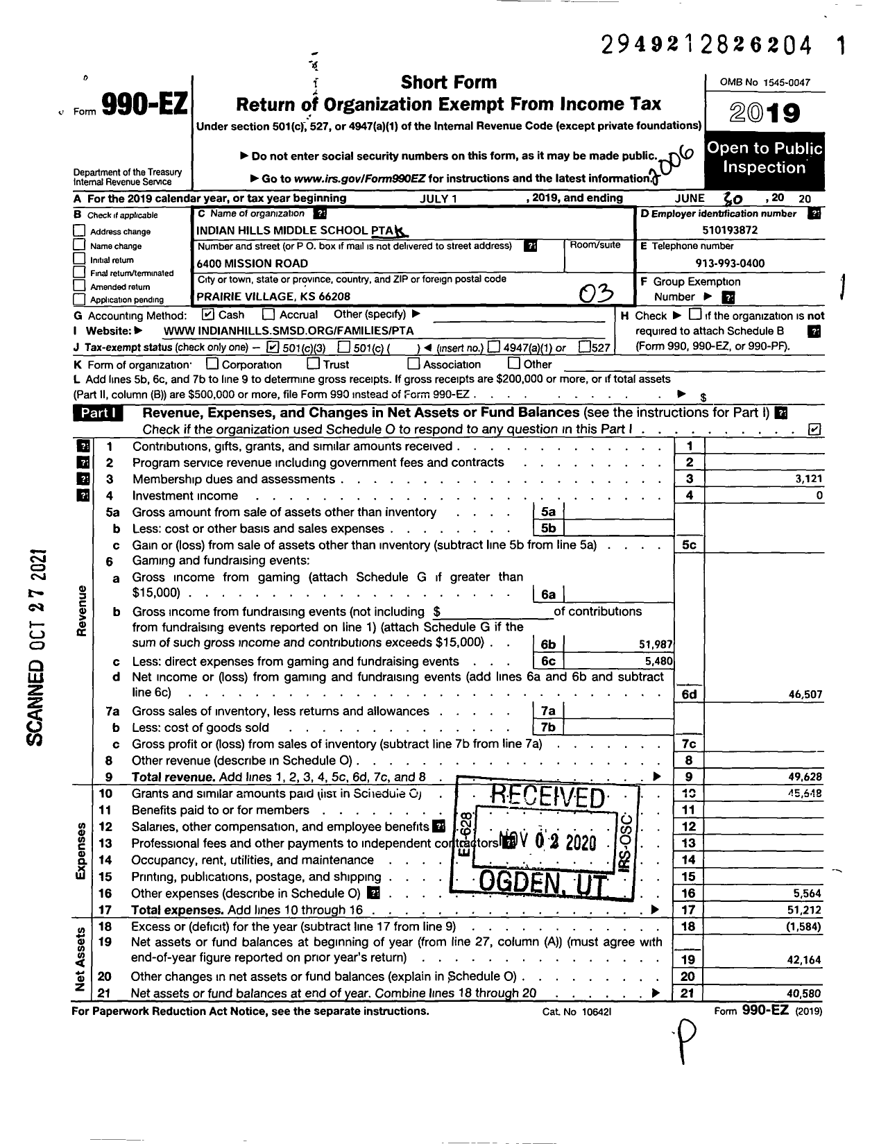 Image of first page of 2019 Form 990EZ for PTA Kansas Congress of Parents and Teachers / Indian Hills Middle School PTA