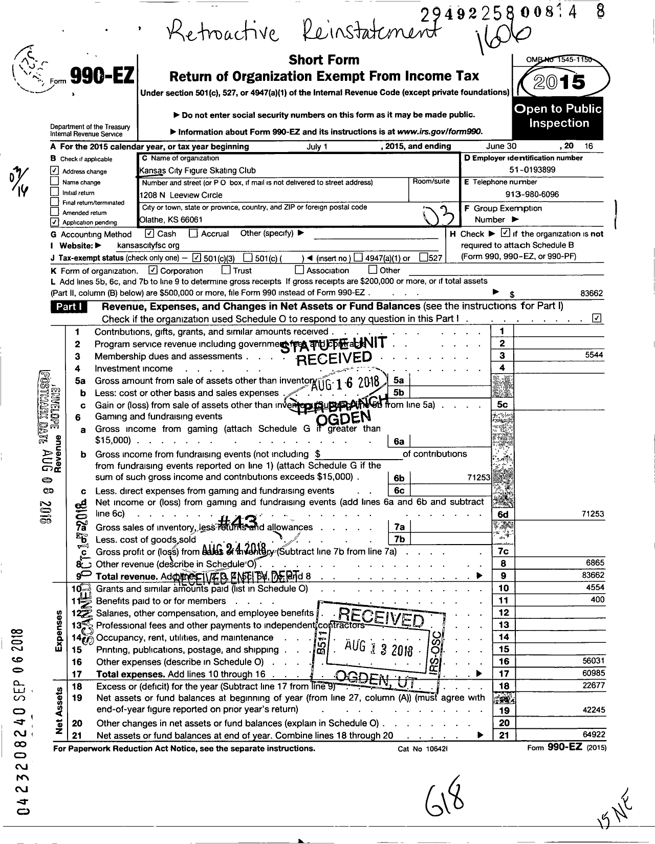 Image of first page of 2015 Form 990EZ for Kansas City Figure Skating Club