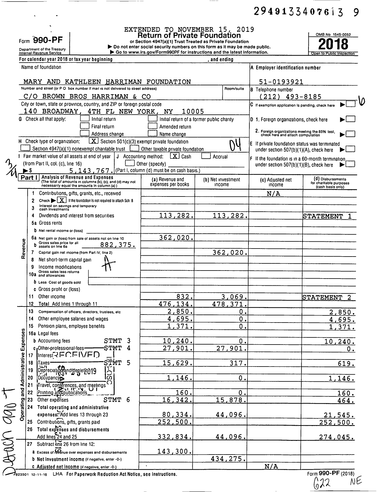 Image of first page of 2018 Form 990PF for Mary and Kathleen Harriman Foundation