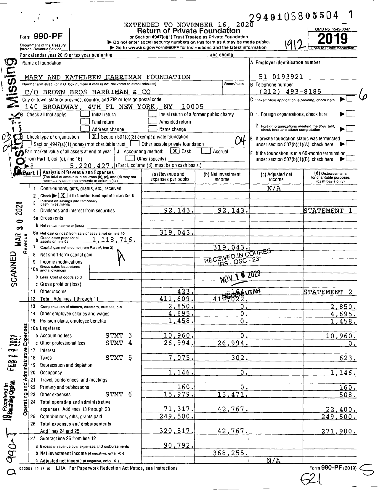 Image of first page of 2019 Form 990PF for Mary and Kathleen Harriman Foundation