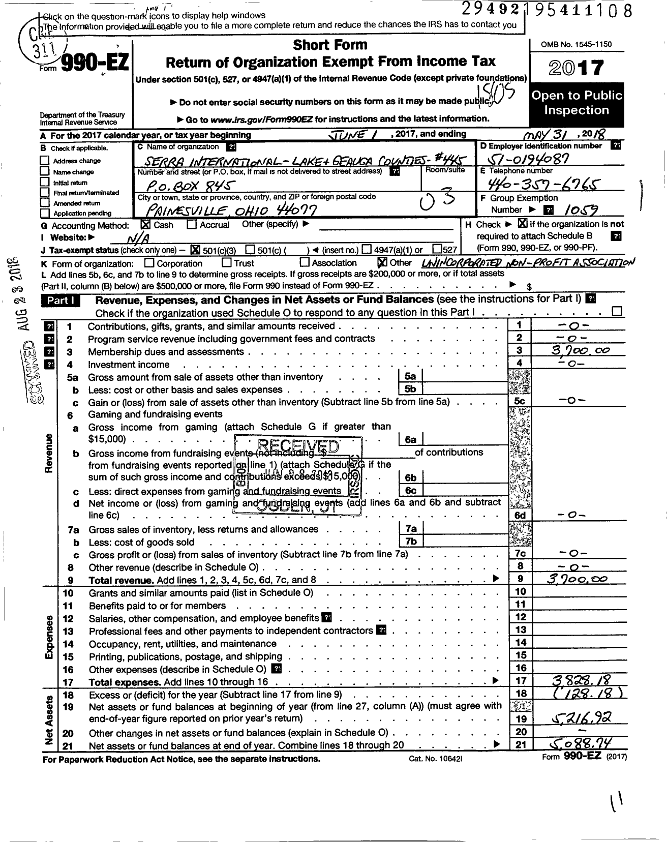 Image of first page of 2017 Form 990EZ for Serra International - 445 Lake and Geauga Counties