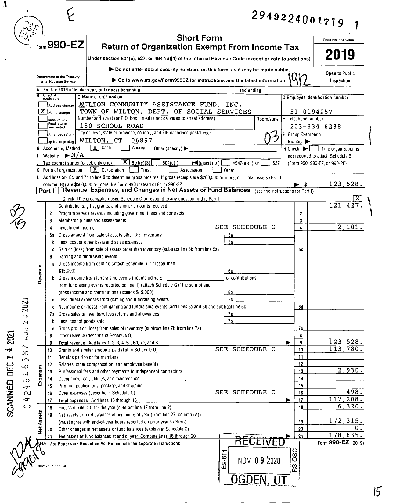 Image of first page of 2019 Form 990EZ for Wilton Community Assistance Fund Town of Wilton Dept of Social Services