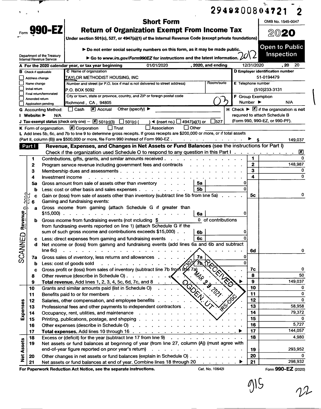 Image of first page of 2020 Form 990EZ for Taylor Methodist Housing