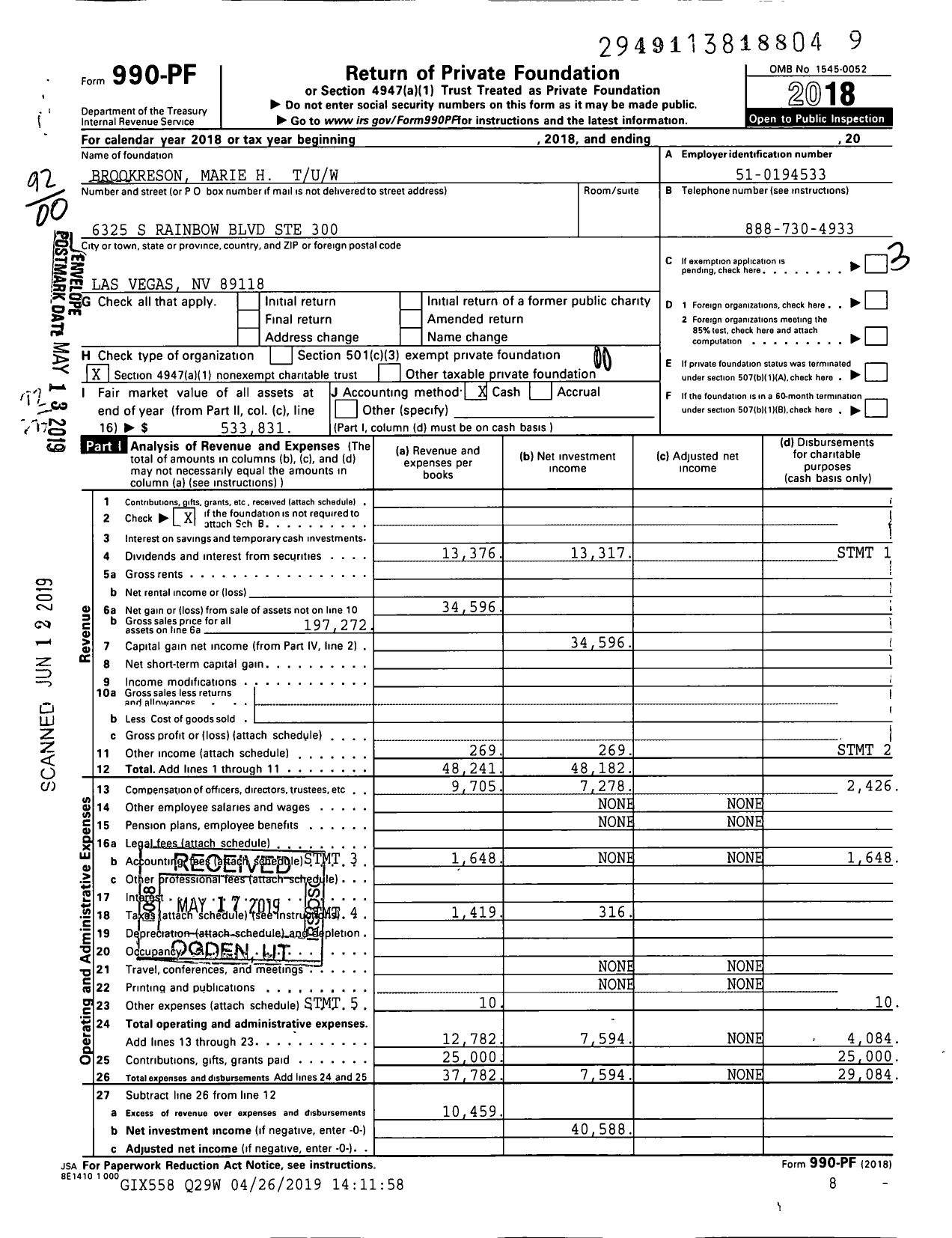 Image of first page of 2018 Form 990PF for Brookreson Marie H Tuw