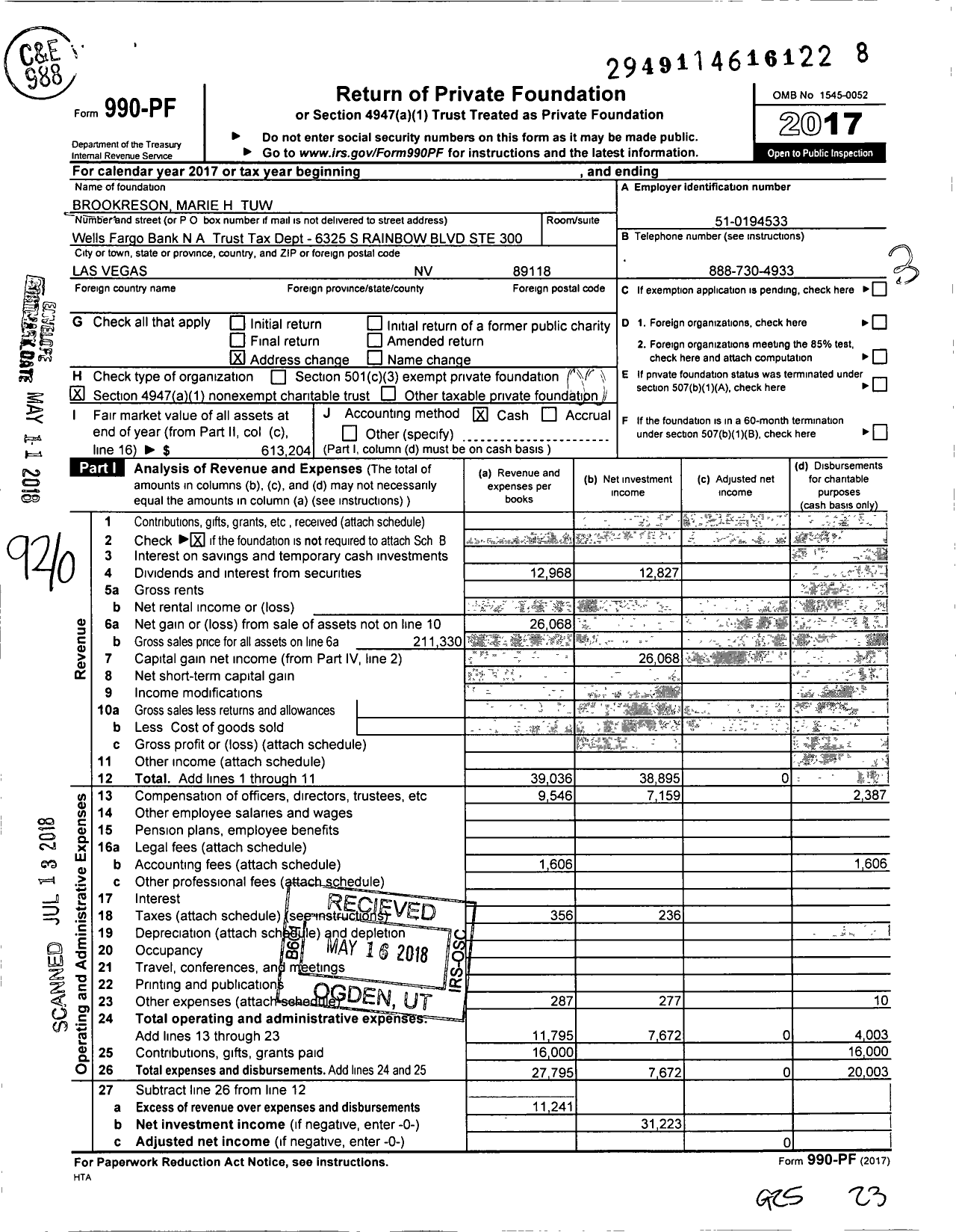 Image of first page of 2017 Form 990PF for Brookreson Marie H Tuw