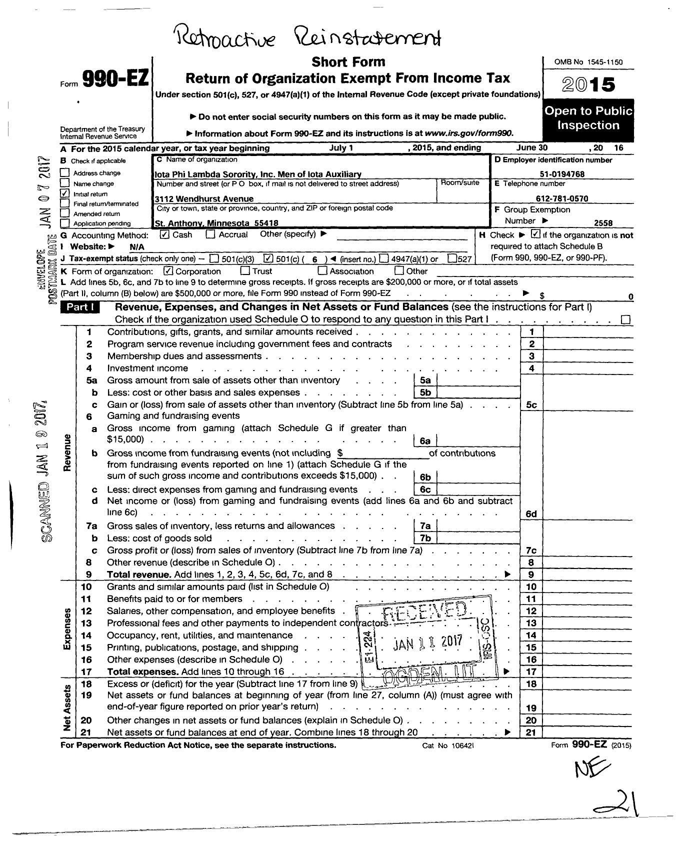 Image of first page of 2015 Form 990O for Iota Phi Lambda Sorority