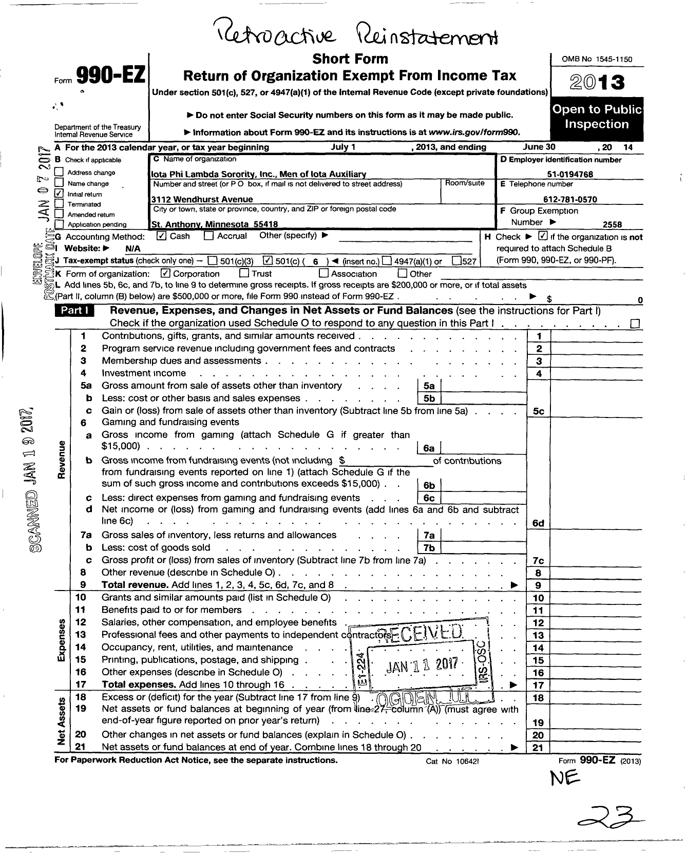 Image of first page of 2013 Form 990O for Iota Phi Lambda Sorority