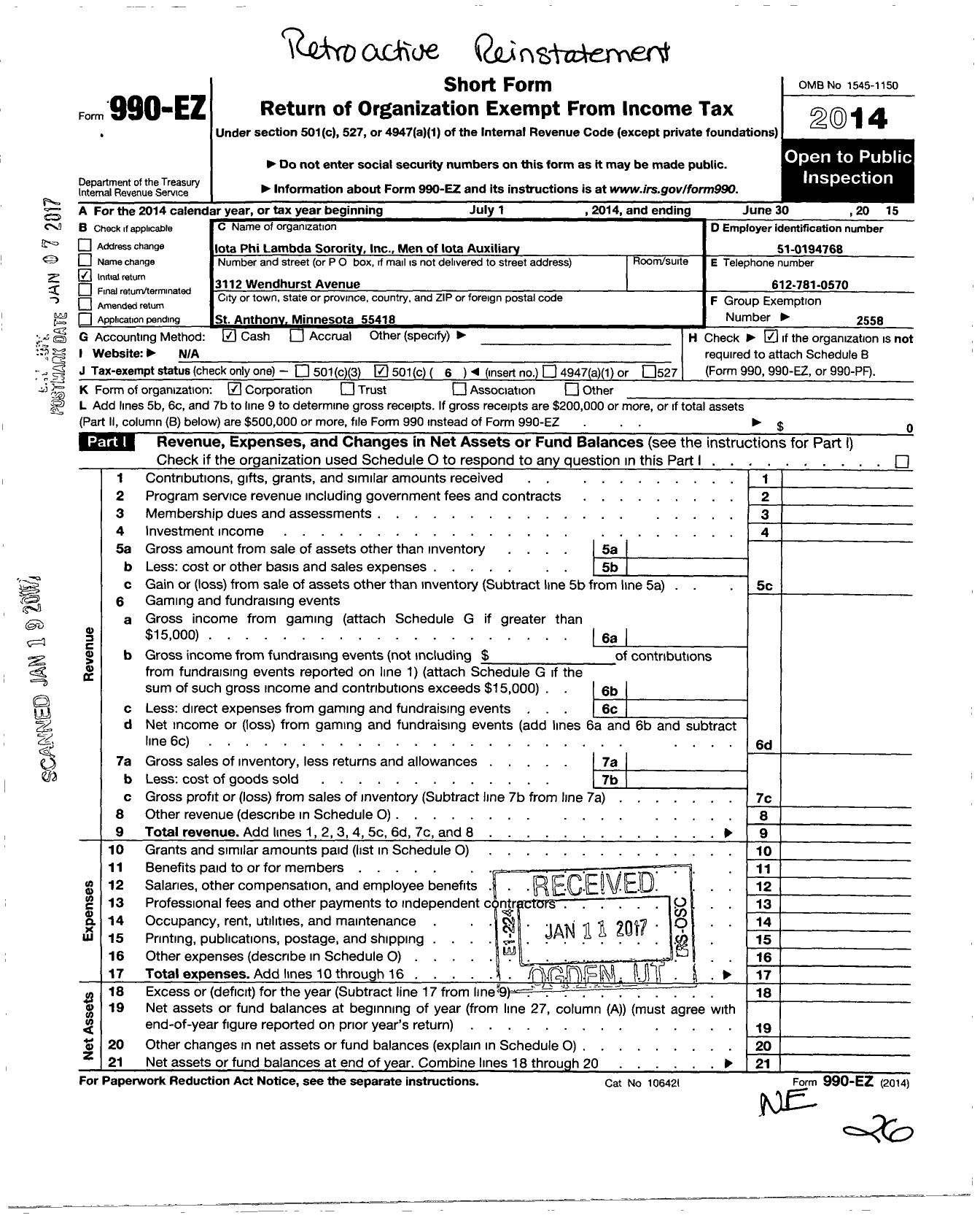 Image of first page of 2014 Form 990O for Iota Phi Lambda Sorority