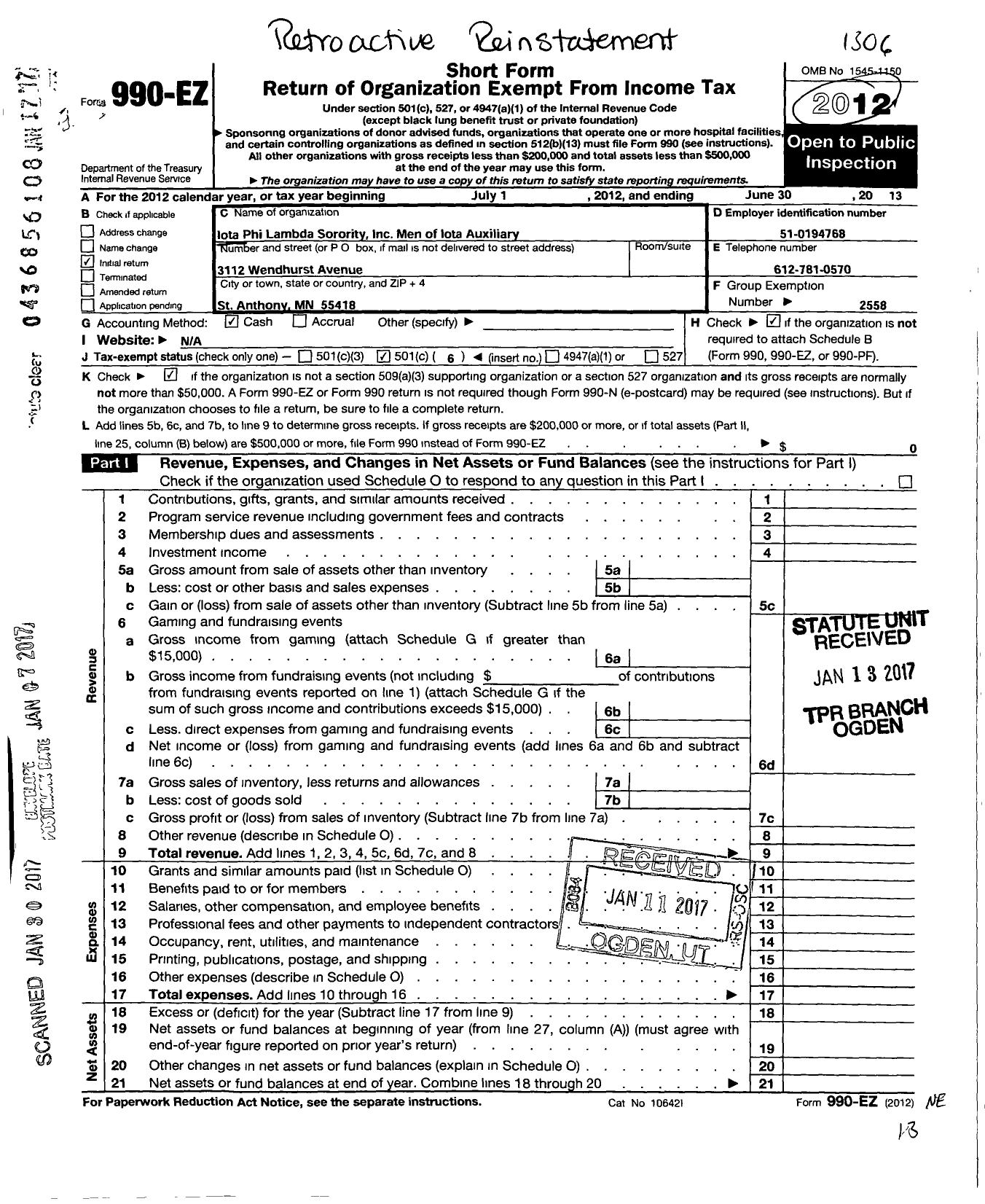 Image of first page of 2012 Form 990EO for Iota Phi Lambda Sorority