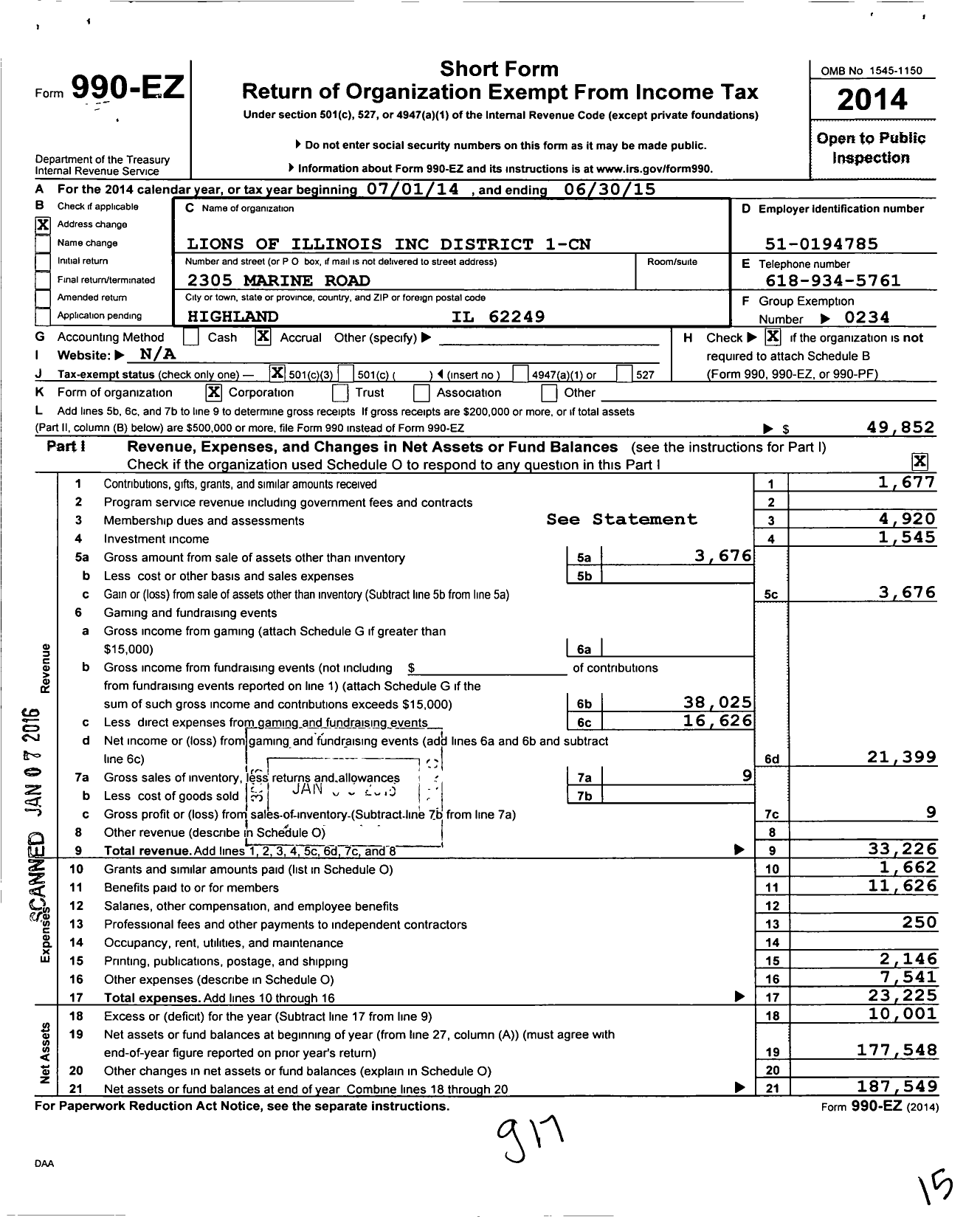 Image of first page of 2014 Form 990EZ for Lions Clubs - 65535 1cn District