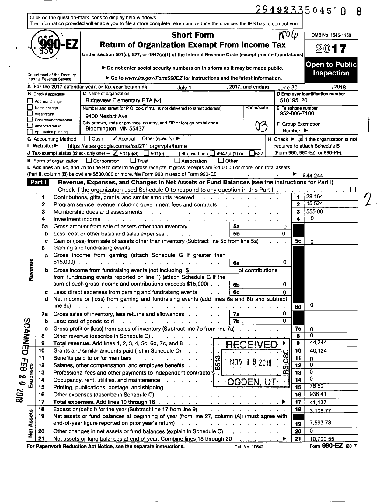 Image of first page of 2017 Form 990EZ for Ridgeview PTA