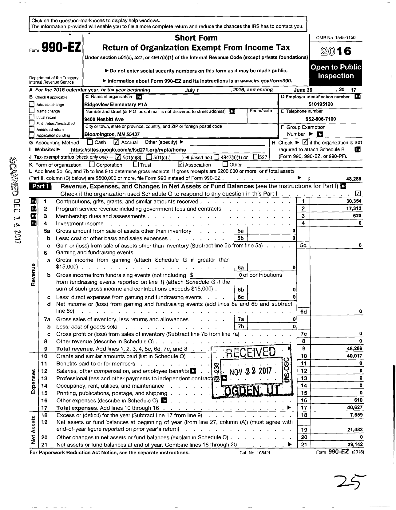 Image of first page of 2016 Form 990EZ for Ridgeview PTA