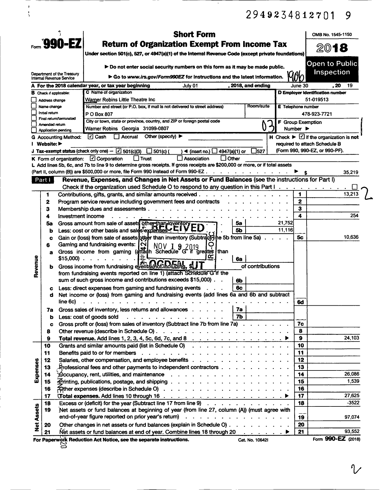 Image of first page of 2018 Form 990EZ for Warner Robins Little Theatre