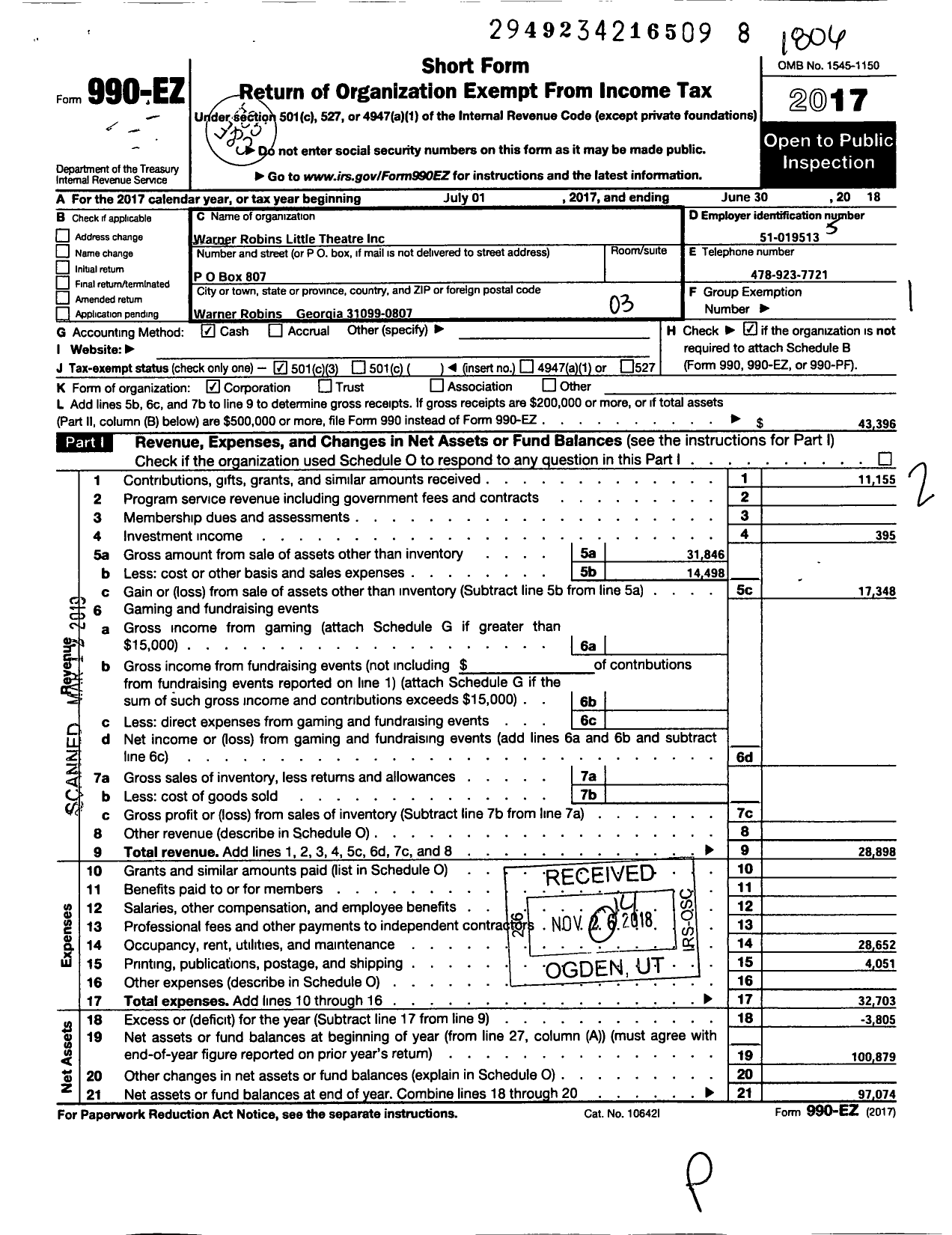 Image of first page of 2017 Form 990EZ for Warner Robins Little Theatre