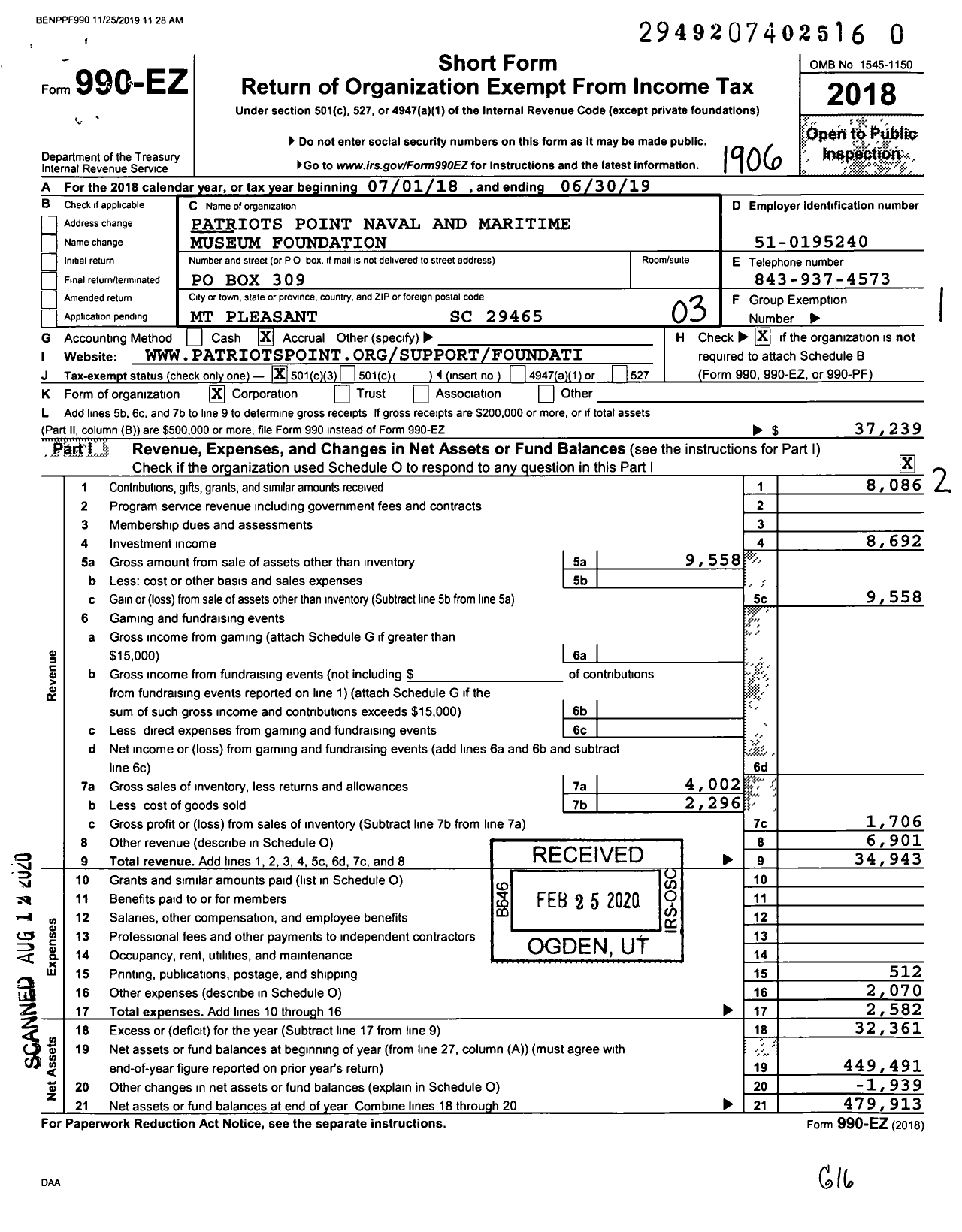 Image of first page of 2018 Form 990EZ for Patriots Point Naval and Maritime Museum Foundation