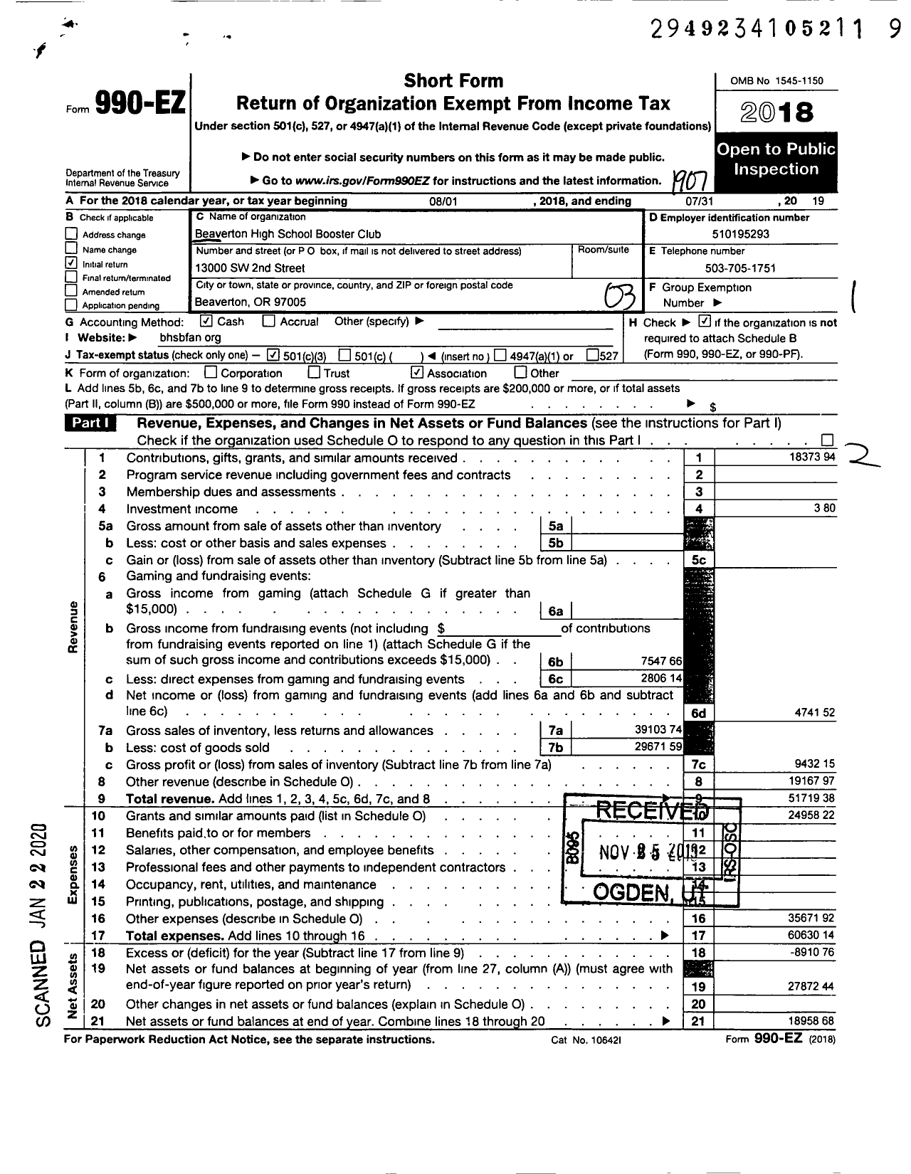 Image of first page of 2018 Form 990EZ for Beaverton High School Booster Club