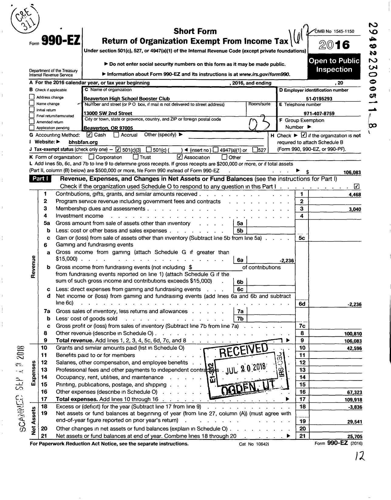 Image of first page of 2016 Form 990EZ for Beaverton High School Booster Club