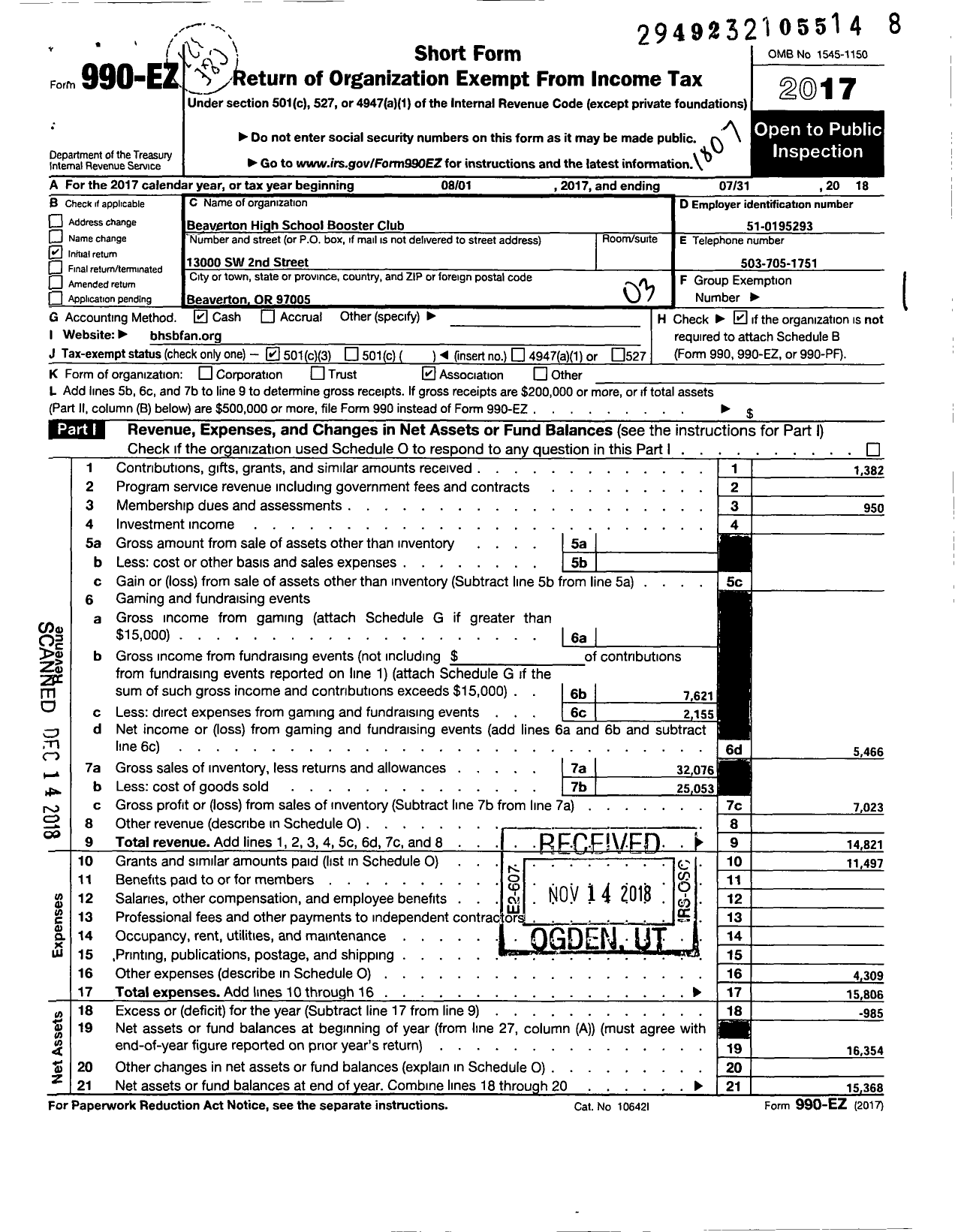 Image of first page of 2017 Form 990EZ for Beaverton High School Booster Club