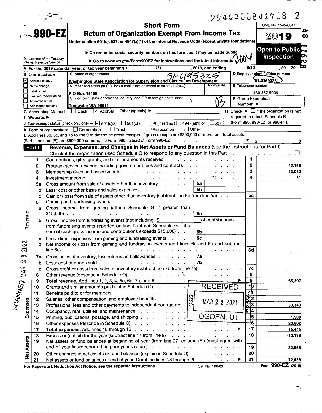 Image of first page of 2019 Form 990EZ for Washington State Association for Curriculum and Supervision Development