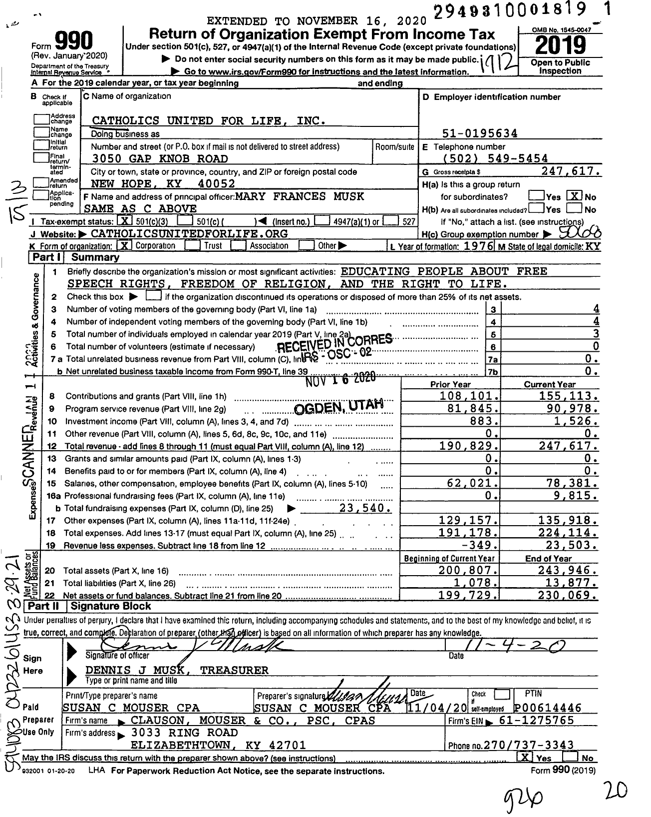 Image of first page of 2019 Form 990 for Catholics United for Life