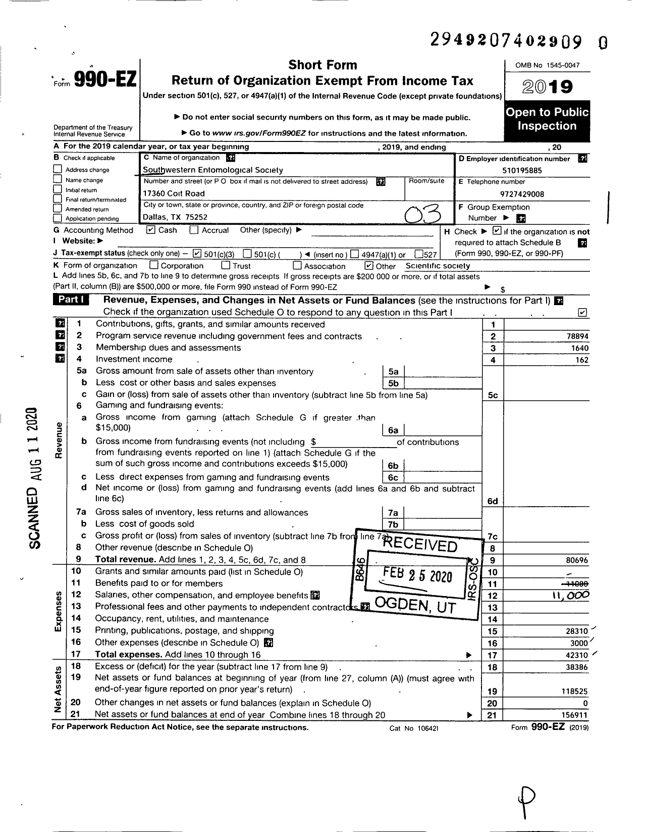 Image of first page of 2019 Form 990EZ for Southwestern Entomological Society