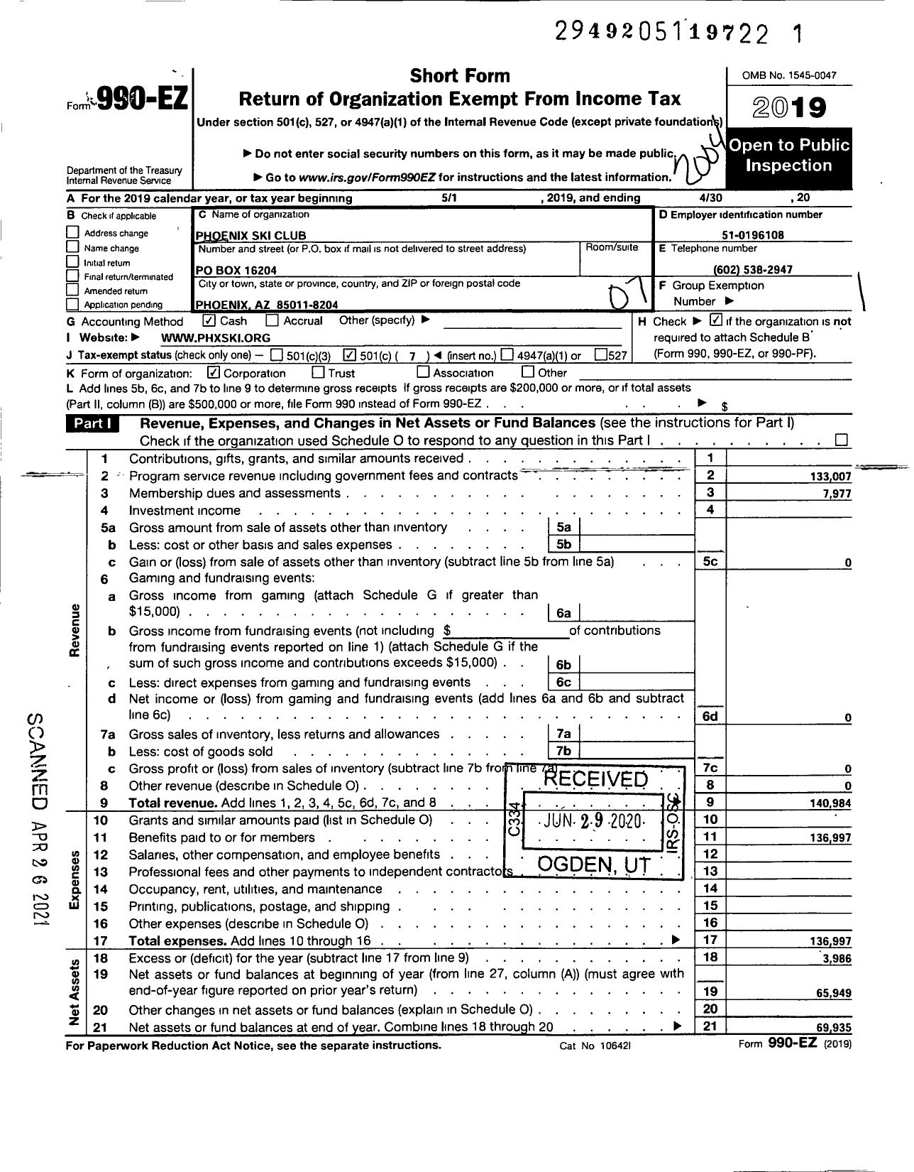 Image of first page of 2019 Form 990EO for Phoenix Ski Club