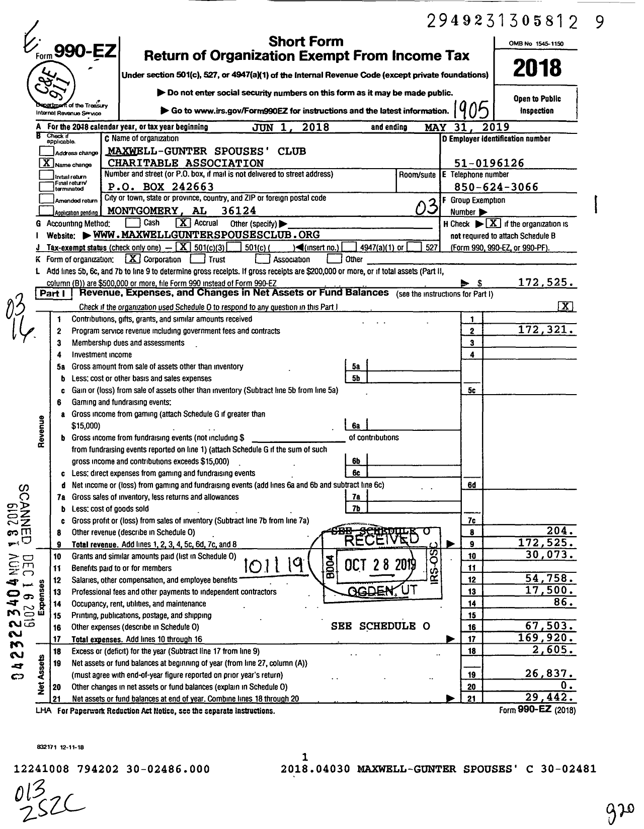 Image of first page of 2018 Form 990EZ for Maxwell-Gunter Spouses' Club Charitable Association